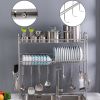 Over Sink Dish Rack, 2 Tier Stainless Steel Dish Rack Rustproof Durable Above Kitchen Sink Shelf Dish Drainer, Silver